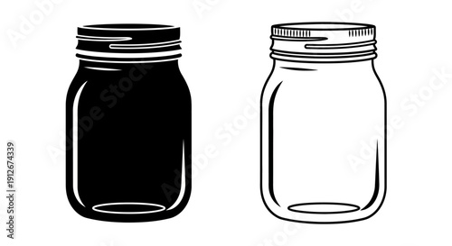Two glass jars with lids, minimalist design, simple and clean, black and white Vector