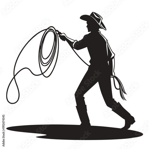 A cowboy skillfully wielding a lasso captured in a striking black and white silhouette high quality