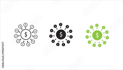 PrintOutline icon with multiple arrows pointing toward dollar symbol representing cash inflow, revenue streams, and financial growth.