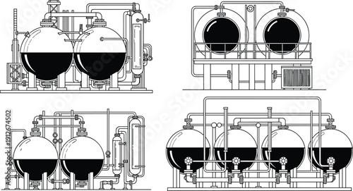 Industrial chemical processing plant tanks and machinery illustration showing pressure vessels pipes and valves isolated on white background engineering 