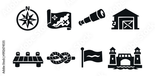 Nautical and maritime silhouette icons set