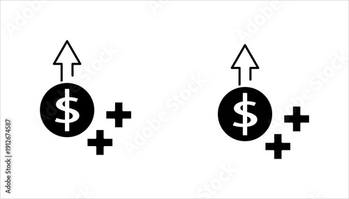 Minimal outline icon featuring dollar symbol with upward arrow and plus signs representing financial growth, profit increase, revenue boost, and positive cash flow. Isolated on white background.