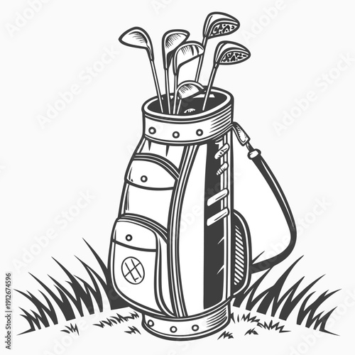 Vintage golf bag with clubs displayed against a white background detailed illustration silhouette high quality professional