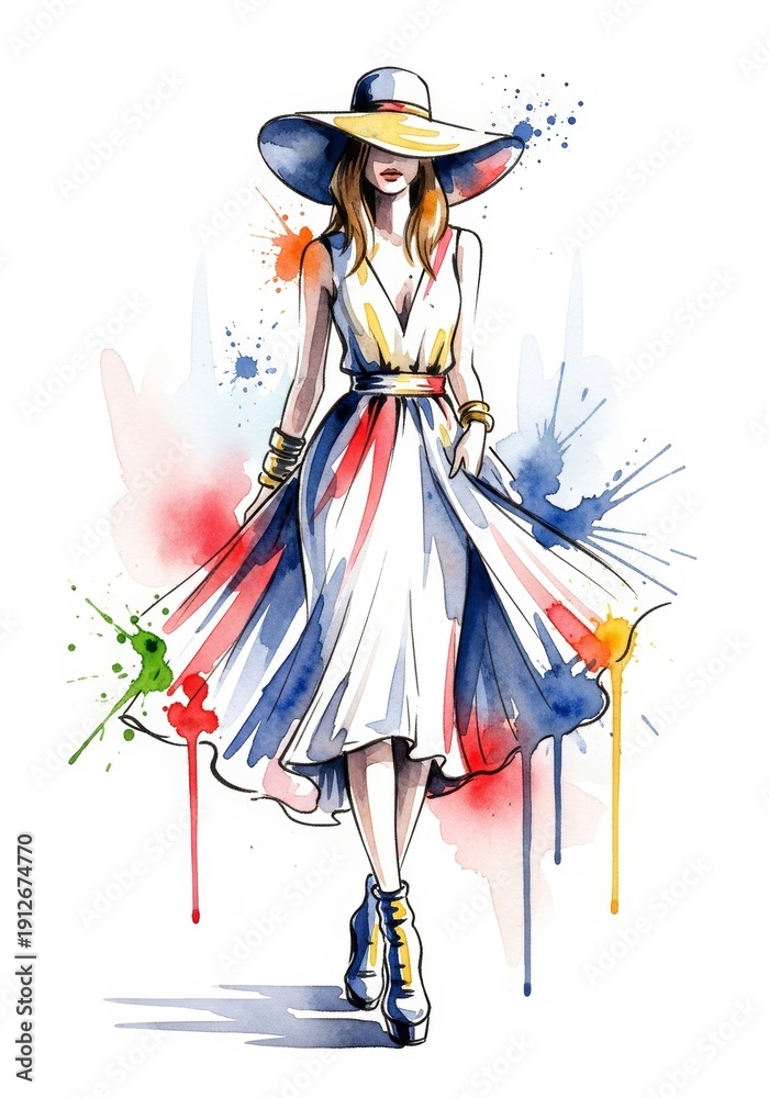Obraz premium Woman in flowing dress with wide hat, a fashion illustration with colorful watercolor splash. Artistic spring or summer season concept.