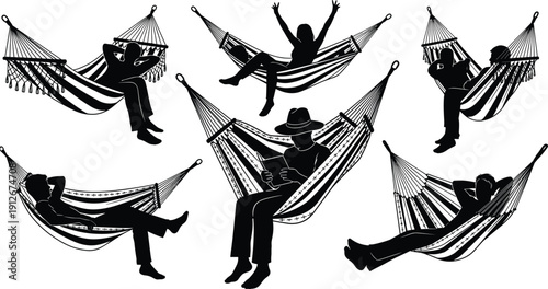 People relaxing in hammocks silhouettes set showing sleeping resting reading and joyful poses isolated on white background leisure lifestyle outdoor recreation vector illustration