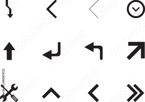 A collection of black directional arrows and symbols on a clean background viewed from directly above