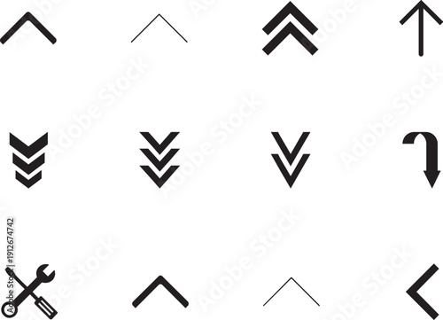 Collection of diverse directional arrows and symbols in black on a clean background from a straightforward viewpoint