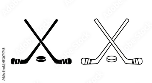 Two hockey sticks and puck set on ice black and white line art vector illustration Vector