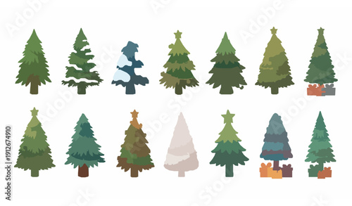 Festive Christmas tree illustration set with decorated winter pine trees colorful holiday vector collection