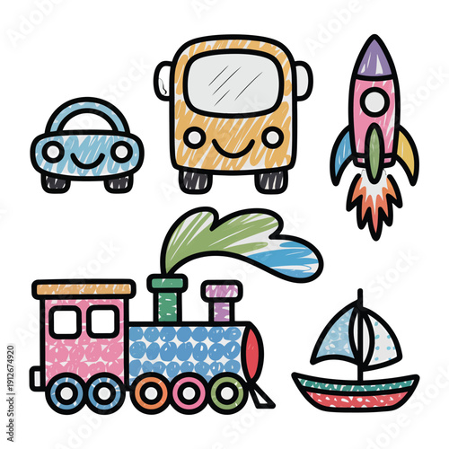 Cheerful Transportation: An assortment of playful illustrations depicts a happy car, a smiling bus, a rocket soaring through the sky, a charming train puffing smoke, and a cute sailboat.