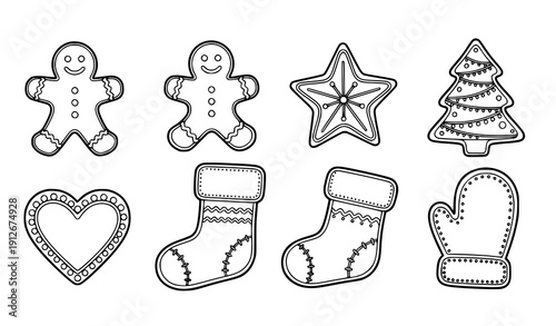 New Year holiday gingerbread cookie line art clipart set with festive biscuit shapes monochrome vector collection