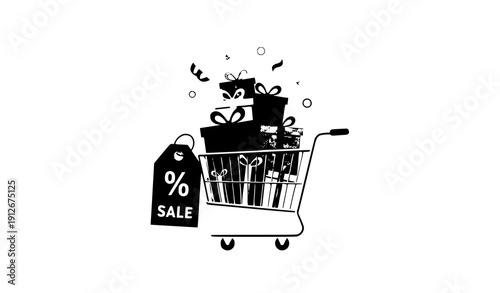 Colorful gift box shopping cart vector with sale tag for modern holiday discount graphics