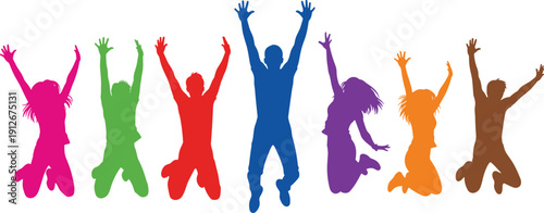 Colorful silhouettes of people jumping, raised arms celebration, joyful movement, diversity expression, happiness illustration, vibrant lifestyle artistic concept