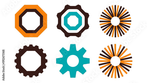 abstract geometric icons depicting gears octagons and radial patterns in orange brown and turquoise symbolizing settings process and technology.
