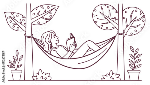 A woman relaxes in a hammock suspended amongst foliage a charming illustration silhouette high quality professional