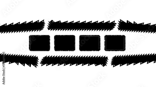 abstract graphic design with sharp black saw blade borders and film strip frames forming an industrial grunge aesthetic on a white background.