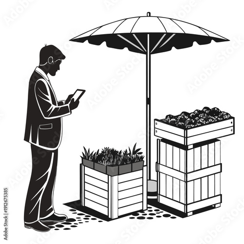 A man checks his phone under an umbrella near fruit crates a striking silhouette high quality