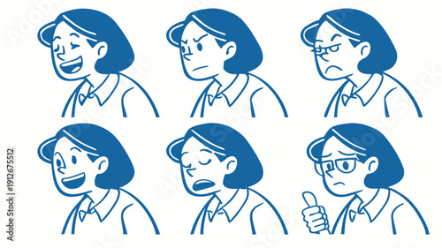 Six blue line art portraits depicting varied facial expressions a distinct silhouette high quality professional detailed