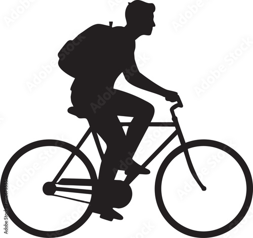 Person riding a classic bicycle with a backpack silhouette isolated on white background minimalist cycling to work and eco-friendly commute illustration