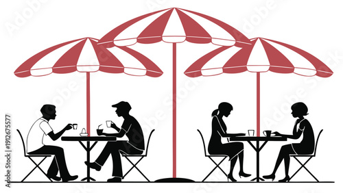 Outdoor cafe scene with red and white striped umbrellas and people a striking silhouette high quality