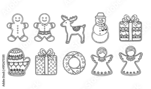 Christmas holiday cookie outline vector set with gingerbread characters and festive biscuit shapes line art clipart