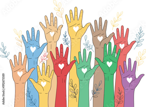 Diverse colorful hands raised with heart symbols for community support, volunteering, kindness, charity, teamwork, multicultural unity, and social global humanitarian aid.