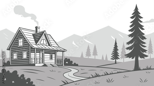 Cozy cabin nestled in a mountain landscape with a winding path grayscale silhouette high quality professional