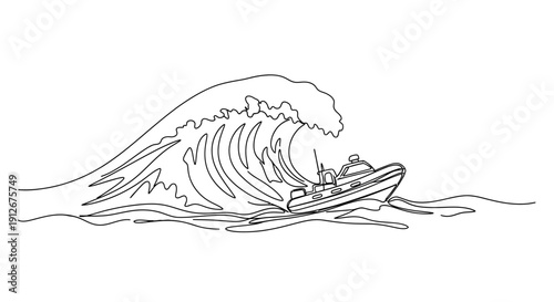 Small boat navigating a large ocean wave