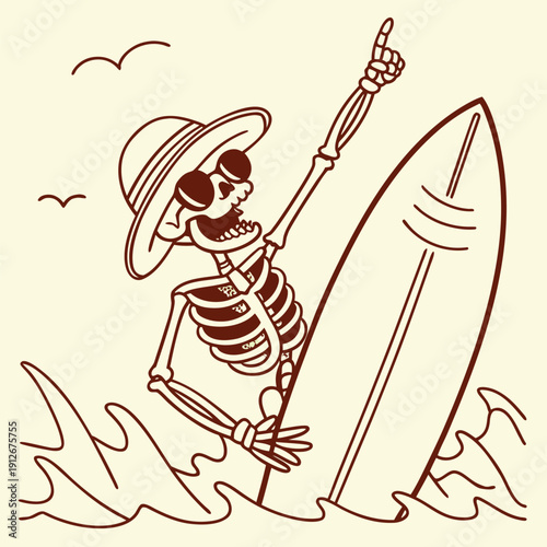 A skeletal surfer rides a wave wearing a hat and sunglasses in a bold silhouette