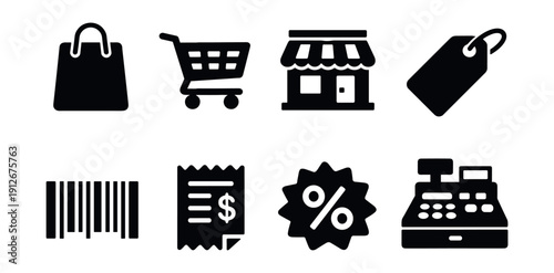 Shopping and commerce black icons set