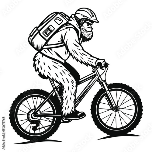 A whimsical bigfoot rides a mountain bike detailed illustration in striking black and white silhouette
