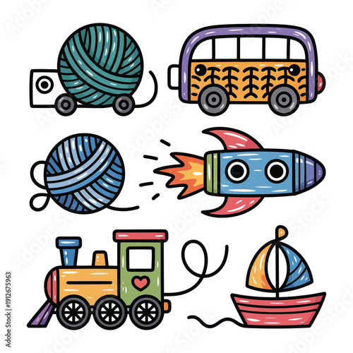 Playful Transportation Illustration: A delightful collection of playful illustrations showcases a whimsical yarn ball vehicle, a vibrant bus, a speedy rocket ship, a charming train.