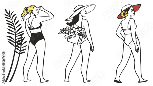 Three women in swimwear and hats pose with foliage a striking artistic silhouette high quality professional