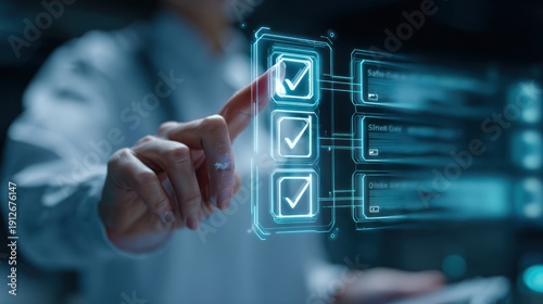Futuristic checklist interface with a person selecting options.