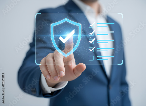 Hand pressing digital security shield icon on virtual interface