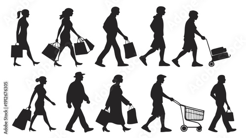 Diverse group of people walking while shopping carrying bags and luggage silhouette high quality professional detailed