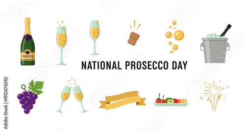 Graphic celebrating National Prosecco Day with illustrated items like a bottle glasses grapes and fireworks