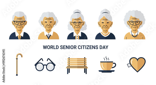 Graphic design featuring senior citizen portraits and related icons for World Senior Citizens Day