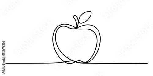 Minimalist continuous line drawing of a fresh apple with a leaf on a white background Vector, illustration