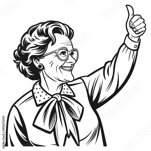 Smiling elderly woman with glasses gives a thumbs up vintage style silhouette high quality professional detailed