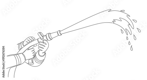 Firefighter Holding Hose Spraying Water - Line Art Illustration