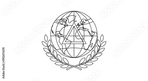 Global Network Symbol, Globe with Triangle and Laurel Wreath Outline