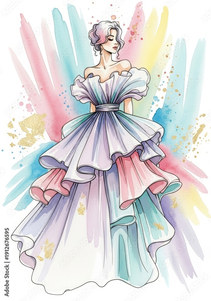 Fototapeta premium Fashion illustration of a woman in an elegant, ruffled pastel gown suitable for a clothing design concept