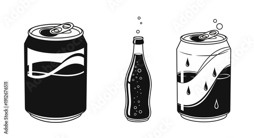 Black and White Illustration of Soda Cans and Bottle with Bubbles