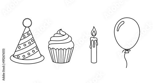 Birthday Party Icons: Hat, Cupcake, Candle, Balloon - Simple Line Art