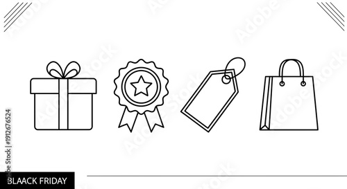 Black Friday Icons: Gift Box, Award Ribbon, Price Tag, Shopping Bag - Line Art