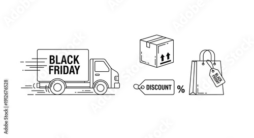 Black Friday Delivery Truck, Shopping Bag, Package, and Discount Tag Icons
