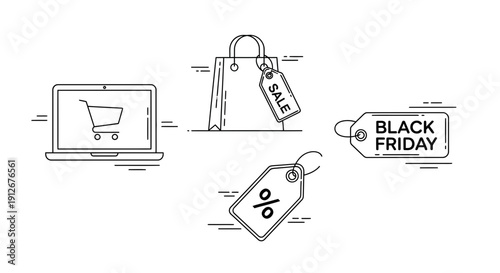Black Friday Online Shopping Icons: Laptop, Shopping Bag, Sale Tags, Percentage Discount