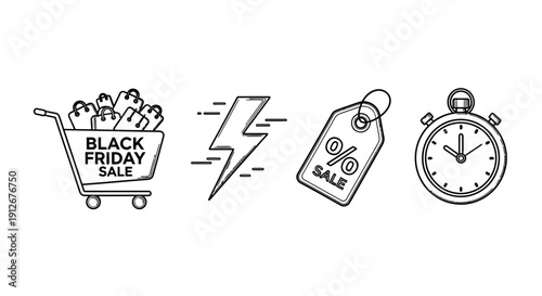 Black Friday Sale Icons: Shopping Cart, Lightning Bolt, Price Tag, Stopwatch