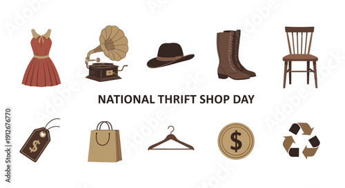 Illustration for National Thrift Shop Day featuring vintage items shopping symbols and a recycling icon